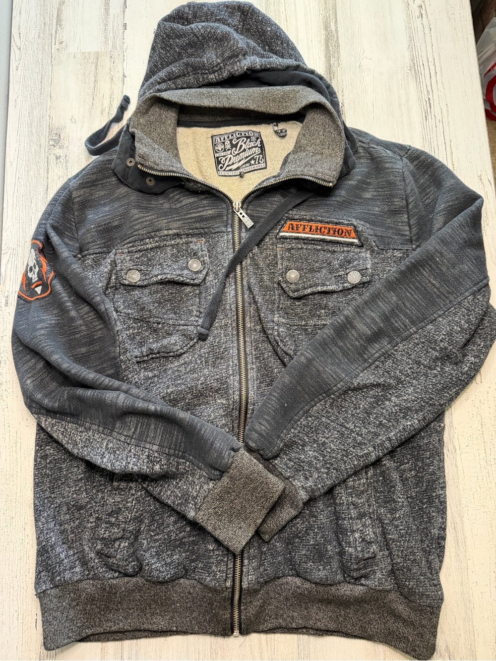 Affliction Black Premium Men’s L Full Zip Hoodie Jacket Skull Patch Gray